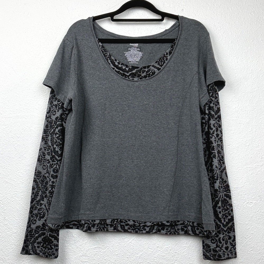 Danskin Now Grey Layered Top - XL - Damask Print Long Sleeve Casual Athleisure